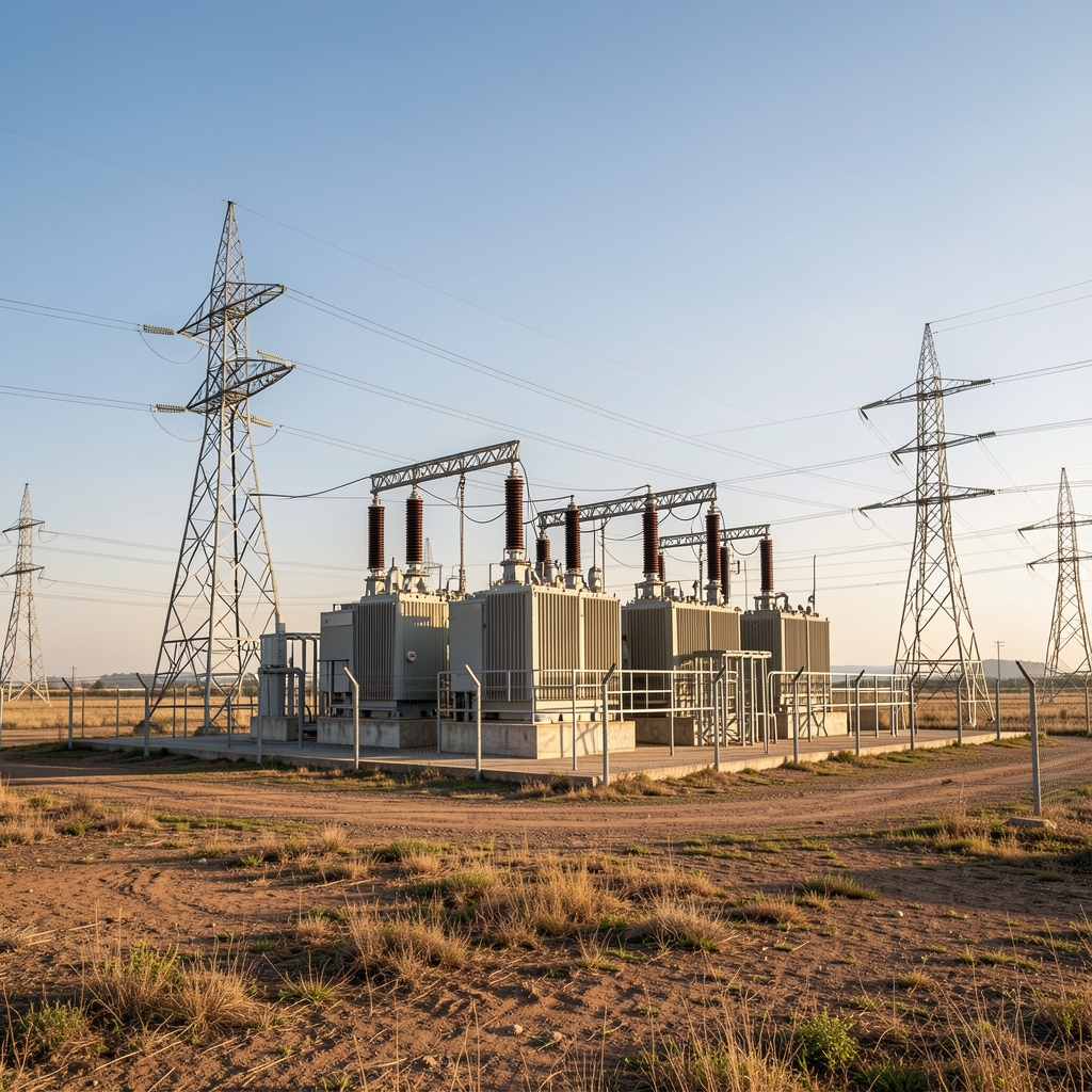 Subestación eléctrica argentina con transformadores y tendido de alta tensión en campo abierto sin personas